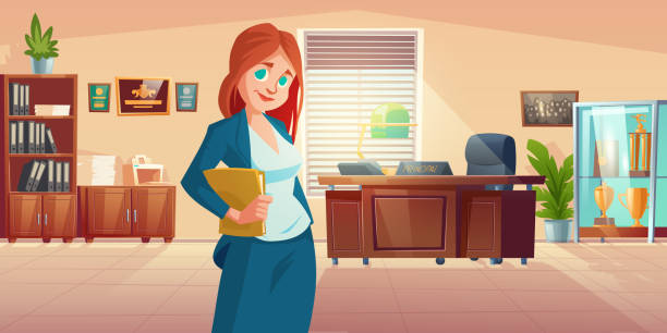 Woman principal in school office with desk, c Woman principal in school office interior with desk, chair, bookcase and showcase with sport trophies. Headmaster cabinet for meeting and talking with pupils and parents cartoon Vector illustration school principal stock illustrations