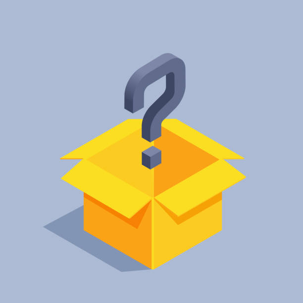 empty box isometric vector illustration on gray background, empty yellow box and black question mark, unknown content isometric question mark stock illustrations