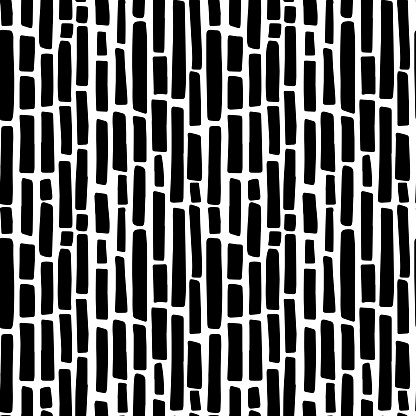 Abstract minimalistic seamless pattern with hand drawn black vertical short thick irregular dashed lines. Vector minimal monochrome black and white background design with styllized bamboo sticks.