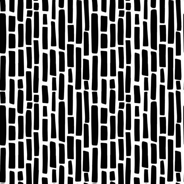 Vector illustration of Abstract minimalistic seamless pattern with hand drawn black vertical short thick irregular dashed lines. Vector minimal monochrome black and white background design with styllized bamboo sticks