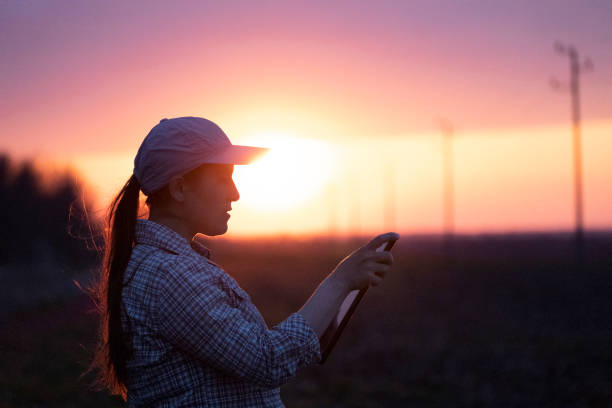 istock Electrical Energy at sunset. Engineer with tablet working on the field near Electrical Power station. 1330668544
