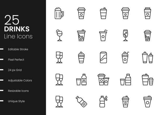 Drinks Line Icons Drinks Minimalistic Editable Stroke Vector Style Thin Line Icons giant cup of coffee stock illustrations