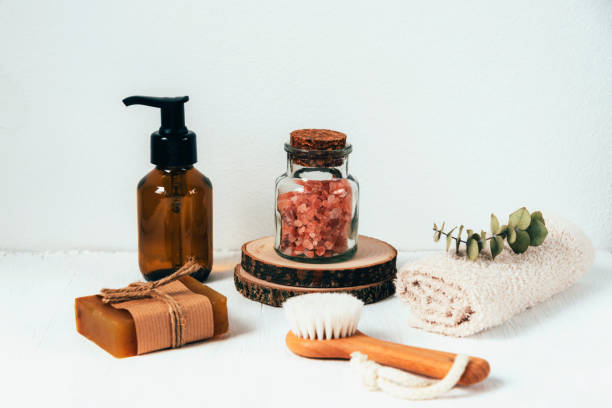 istock Bath accessories and natural cosmetics, himalayan pink salt in glass jar on white background. Zero waste concept 1330668708