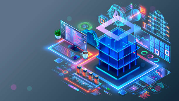 bildbanksillustrationer, clip art samt tecknat material och ikoner med smart house system programming software. engineering development of building construction, communication, electricity. design in cad programs of smart building. ai of iot. architectural 3d plan. - sakernas internet