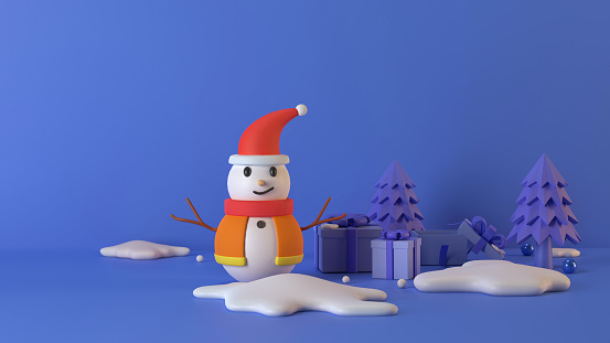 Blue snowman with the gifts box winter season 3d illustration for Christmas and new year day