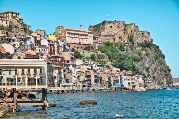 Chianalea of Scylla View of Chianalea di Scilla, Italy with the Ruffo Castle and the Church of Saint Mary Immaculate. castle scilla stock pictures, royalty-free photos & images
