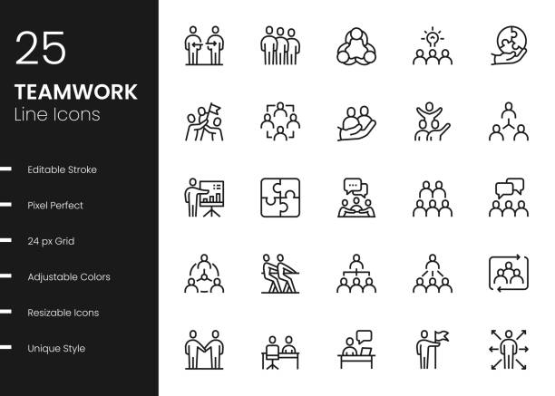 ilustraciones, imágenes clip art, dibujos animados e iconos de stock de iconos de línea de trabajo en equipo - trabajador fijo