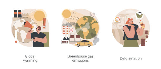 Environmental pollution abstract concept vector illustrations. Environmental pollution abstract concept vector illustration set. Global warming, greenhouse gas emissions, deforestation, ecological problem, palm oil production, CO2 gas and smog abstract metaphor. climate change money stock illustrations