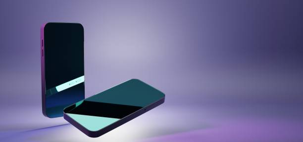 istock Cellphone in perspective and angle view. Mockup smartphone with blank screen isolated on purple, ultraviolet background. Realistic 3d illustration mobile device with empty display, ad promo banner 1330673499