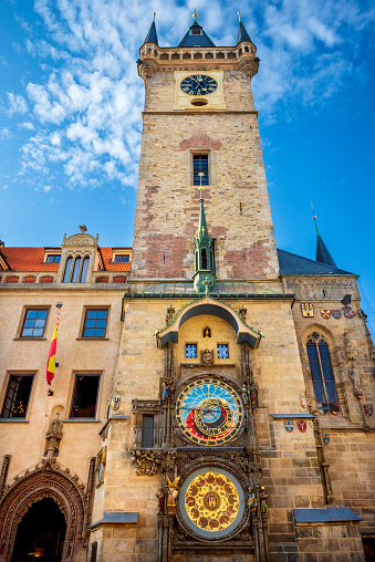The Prague Astronomical Clock or Orloj in the old town of Prague. The medieval clock is mounted on the south wall of the Old Town Hall tower. Postcard of Prague. Prague, Czech republic