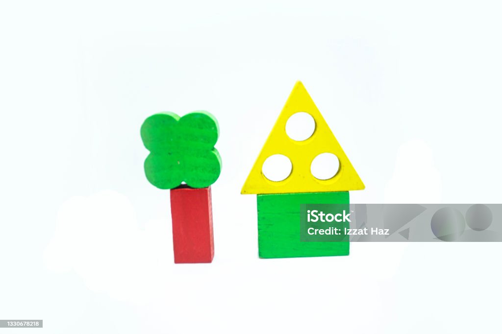 The wooden blocks of children's toys are arranged according to the order of the shape of something 2019 Stock Photo