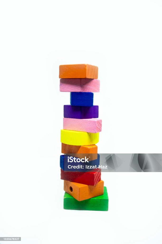 The wooden blocks of children's toys are arranged according to the order of the shape of something Art Stock Photo