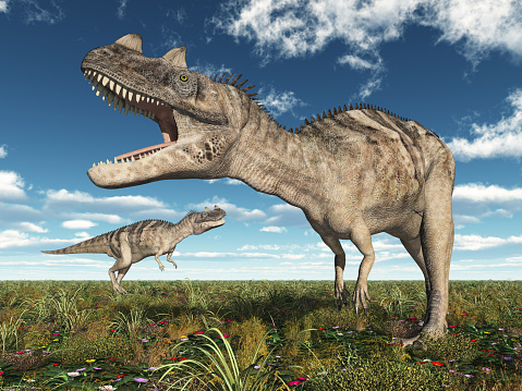 Computer generated 3D illustration with the dinosaur Ceratosaurus in a landscape