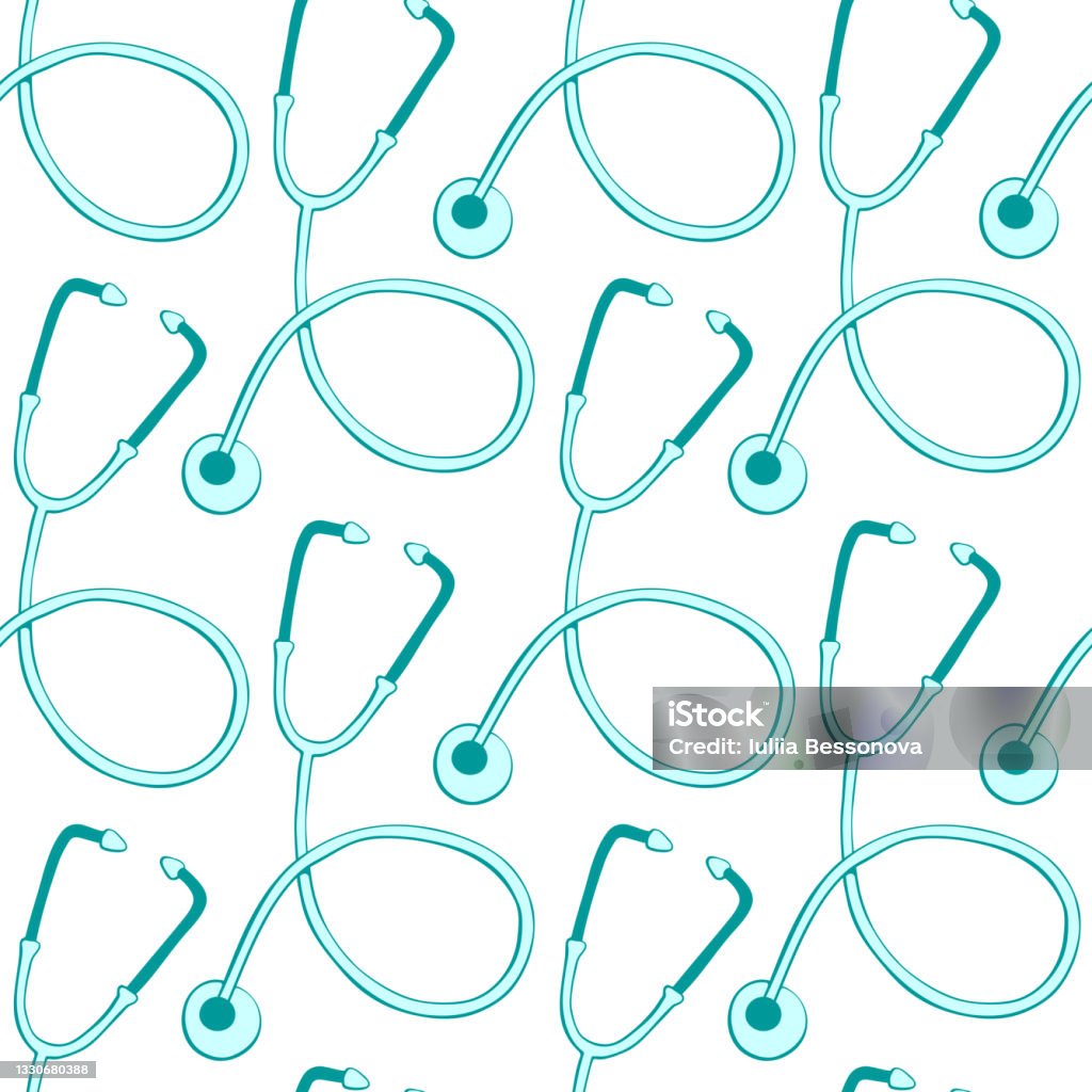 Clinic Textures Vector Seamless Pattern With Outline Stethoscopes In Doodle Style ...