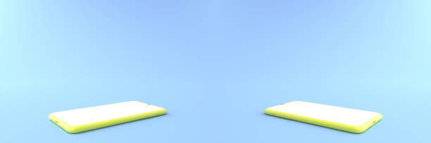 istock 3D rendering. The Yellow Smartphone on blue floor. Mobile phone lay down on the ground. and smartphone white screen can be used for commercial advertising, Isolated on blue background, illustration. 1330680396