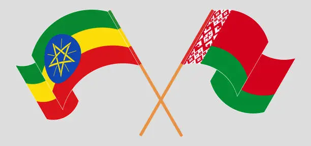 Vector illustration of Crossed and waving flags of Ethiopia and Belarus.