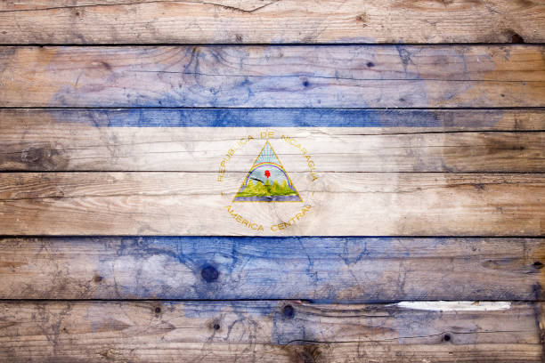 Flag of Nicaragua watercolor painted on a old wooden boards. Grunge flags texture. Background concept. Full color. Horizontal orientation. Faded effect.
