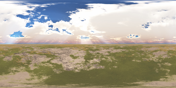 Computer generated 3D illustration with a spherical 360 degrees seamless panorama of a flat landscape