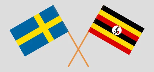 Vector illustration of Crossed flags of Sweden and Uganda. Official colors. Correct proportion