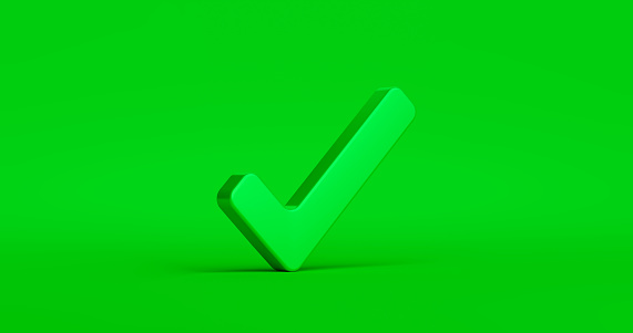 Tick check mark icon button and yes or approved symbol on confirm correct sign checklist background with agreement success box. 3D rendering.