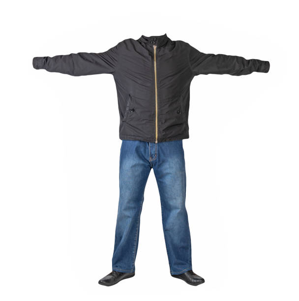 istock dark blue jeans, black leather shoes, jacket isolated on white background. 1330683809