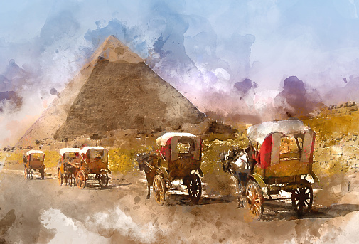 Digital watercolor painting of beautiful landscape image view of chorses and carriages in front of Great Pyramid of Giza, Egypt