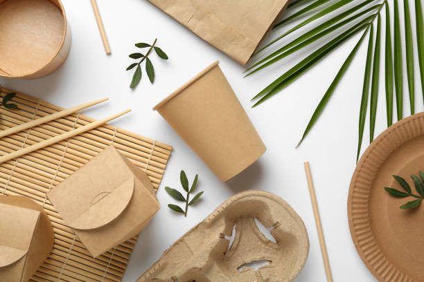 istock Disposable eco friendly products on white background, flat lay 1330685047