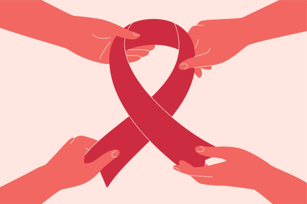 Breast cancer awareness month concept with four hands hold pink ribbon. Vector illustration of support and solidarity women oncological disease. Human arms surround big pink ribbon. Breast cancer awareness month concept with four hands hold pink ribbon. Vector illustration of support and solidarity women oncological disease. Human arms surround big pink ribbon. aids stock illustrations