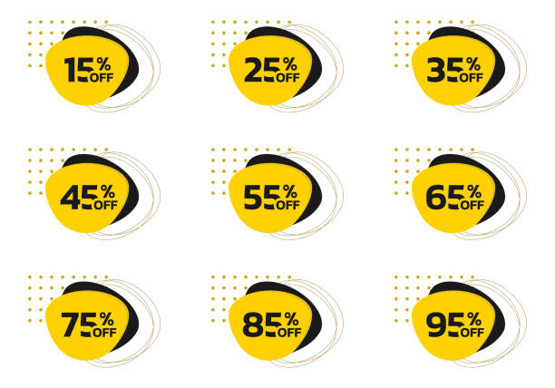 nowoczesna wyprzedaż lub odznaka rabatowa, etykieta, zestaw naklejek. 15, 25, 35, 45, 55, 65, 75, 85, 95 procent ceny off ikony z abstrakcyjnymi kształtami geometrycznymi. szablony projektów banerów promocyjnych. ilustracja wektorowa. - number financial figures mathematics backgrounds stock illustrations