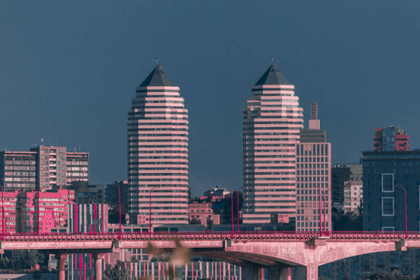 View of the center of the city with large new buildings and skyscrapers. Pink blue color. View of the business center of the city with large new buildings and skyscrapers. Pink blue color. dnipropetrovsk stock pictures, royalty-free photos & images