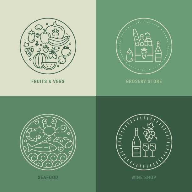 Grocery Store, Supermarket Department Linear Vector Illustrations Set. Trendy Minimal Logo Design, Business Cards, Social Media Stories Templates. Grocery store logo design. Supermarket departments thin line emblems for business company cards, web, mobile app. Trendy minimal linear template collection of Veg and fruit shop, seafood and wine market, groceries illustrations. Editable stroke. olive oil labels clip art stock illustrations