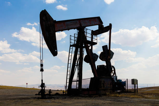Oil field, oil pump in the work Oil field, oil pump in the work crude oil stock pictures, royalty-free photos & images