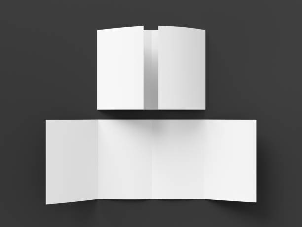 istock Vertical double gate fold brochure. Four panels, eight pages blank leaflet. Mock up on black background for presentation design. Unfolded and semi-folded. 1330687837