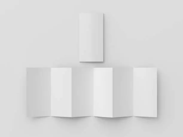 Vertical page zigzag or accordion fold brochure. Six panels, twelve pages blank leaflet. Mock up on white background for presentation design. Unfolded and folded. 3d illustration.