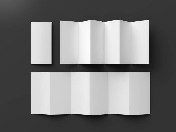istock Vertical page zigzag or accordion fold brochure. Six panels, twelve pages blank leaflet. Mock up on black background for presentation design. Folded and unfolded front and back. 1330688028