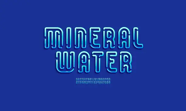 Vector illustration of Original mineral water Font in the 3d style, blue gel alphabet, bold letters and numbers made in liquid style
