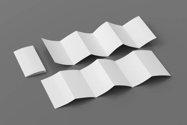 istock Vertical page zigzag or accordion fold brochure. Six panels, twelve pages blank leaflet. Mock up on gray background for presentation design. Folded and unfolded front and back. 1330688492