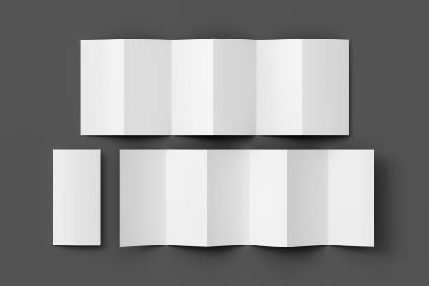 istock Vertical page zigzag or accordion fold brochure. Six panels, twelve pages blank leaflet. Mock up on gray background for presentation design. Folded and unfolded front and back. 1330688518