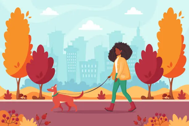 Vector illustration of African american woman walking with dog in autumn park. Outdoor activity concept. Vector illustration.