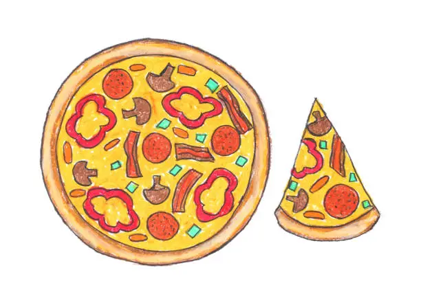 Vector illustration of Italian pizza drawing with crayon isolated on white paper, Favorite Italian food