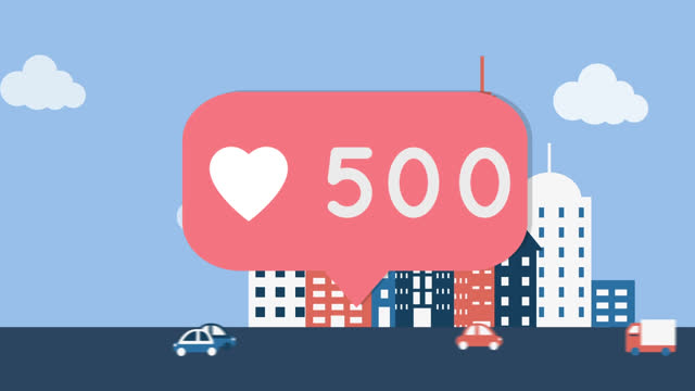 Heart icon with numbers on speech bubble over vehicles on the road against tall buildings