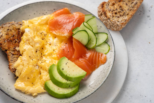 istock Ketogenic diet breakfast, scrambled eggs, salmon, avocado and cucumber 1330691325