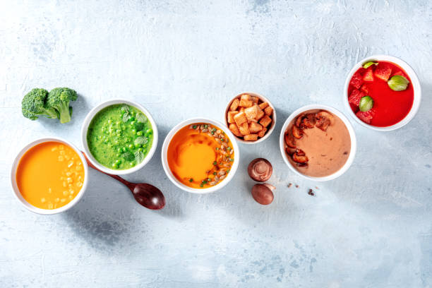 istock Vegan soup assortment, a flat lay composition. Healthy vegetable detox diet 1330692358