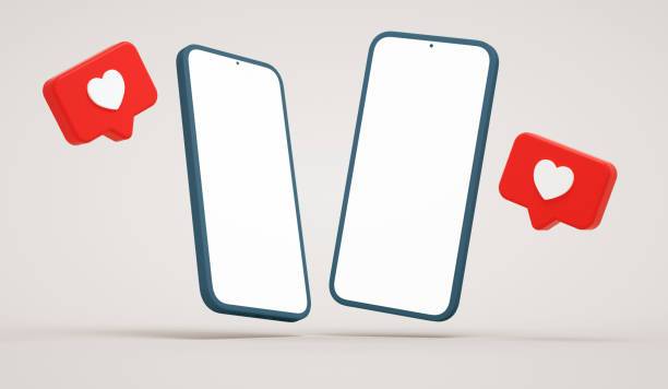 Two blank screen phone mockup with social media notifications. Smartphone display and social network buttons, realistic presentation template in 3D rendering