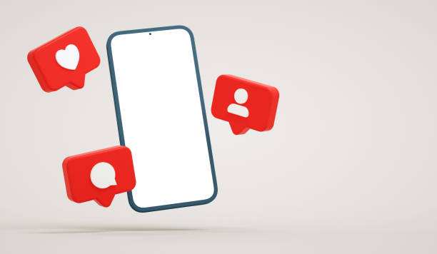 istock Blank screen floating phone mockup with social media notifications. Smartphone display surrounded by social network buttons, realistic presentation template in 3D rendering 1330693195