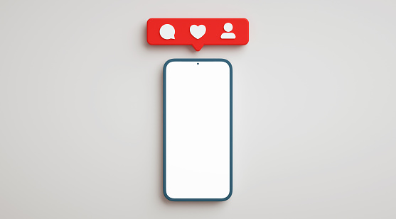 Blank screen phone mockup with social media notifications. Smartphone display in flat lay view with social network button, realistic presentation template in 3D rendering.