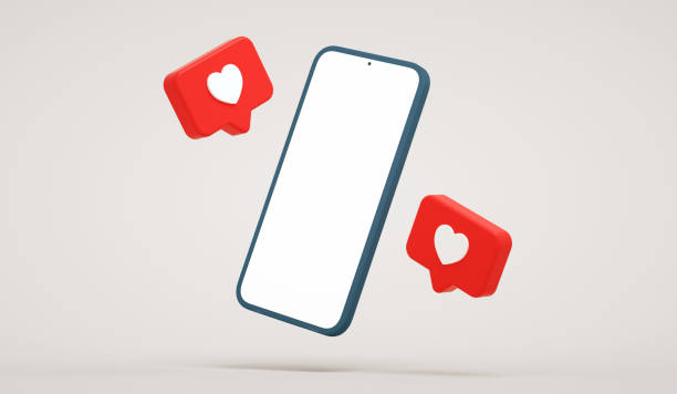 istock Empty screen floating phone mockup with social media like buttons. Cellphone white display surrounded by social network heart notifications, realistic presentation template in 3D rendering 1330693198