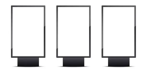 Vector illustration of Set of realistic blank outdoor lightboxes banner. Vertical empty advertising billboard. Street shield display