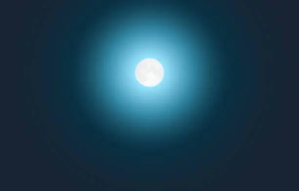 Vector illustration of Bright moonlight on the sky with glowing surface. Blue moonrise. Dark blue cloudless sky with moon