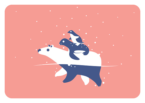 vector illustration of polar bear swimming with sea lion and penguin